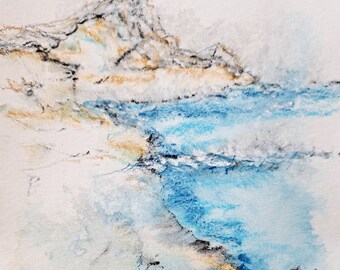 Mountain Watercolor Seascape Painting