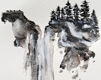 Sacred Mountain Watercolor Charcoal Painting