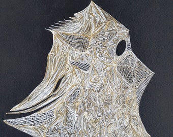May include: Abstract artwork with a complex, layered design in gold and white against a black backdrop. The piece has a textured appearance with intricate patterns and shapes, creating a unique visual effect.
