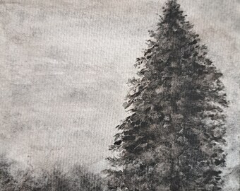 Tree of Wabi Sabi Charcoal Watercolor  Painting