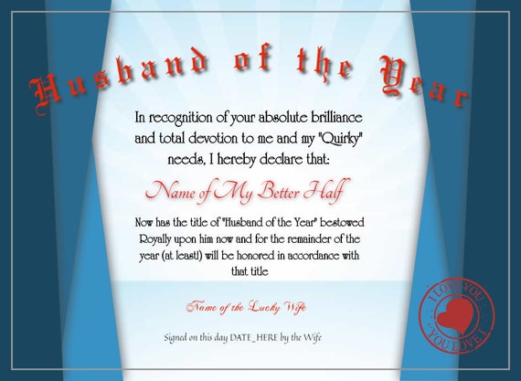 personalized husband of the year certificate award husband of the year award certificate