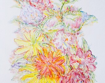 Garden Flowers Colored Pencil Drawing
