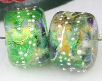 Green and Yellow Fire Opals Lampwork Bead Pair