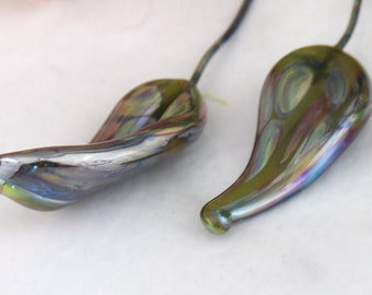 Silvered Slender Bamboo Glass Leaves on Nichrome wire Lampwork Bead Pair