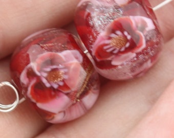 Double Pink flower murrini with dichro  Lampwork Bead Pair