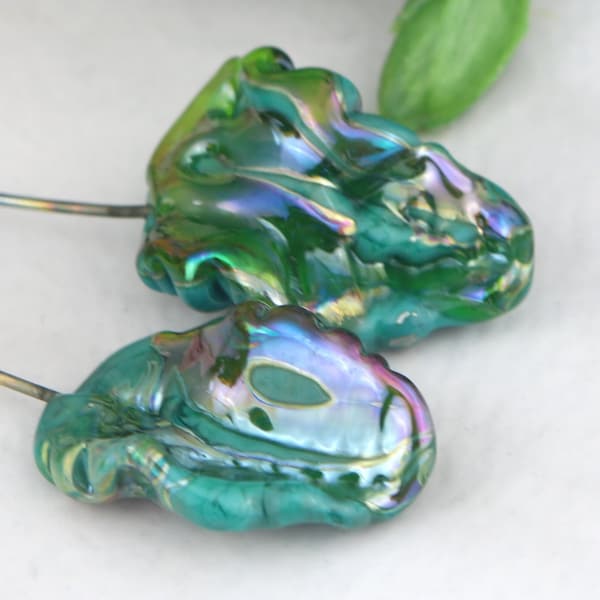Rainbow Silver Glass Leaves on Nichrome wire Lampwork Bead Pair