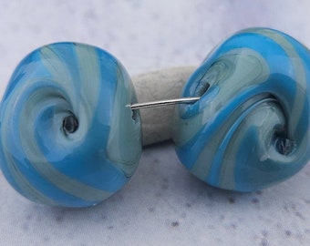 Blue on Blue Twist Shell Glass Lampwork Bead Pair