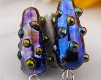 Neochrome Lustered Bumpy Tears Silver Glass Lampwork Bead Pair