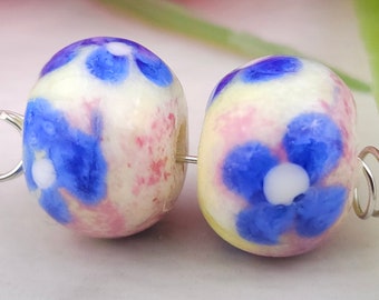 Blue Dot Flower on Enamel Base Lampwork Bead Pair