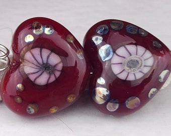 Candy Apple Red Decorated Lampwork heart bead pair