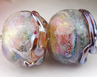 Rainbow with dichro and lustered loops Lampwork Bead Pair