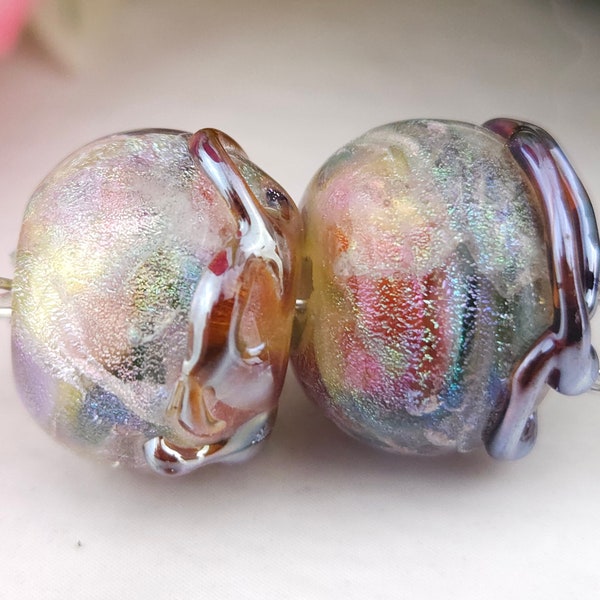 Rainbow with dichro and lustered loops Lampwork Bead Pair