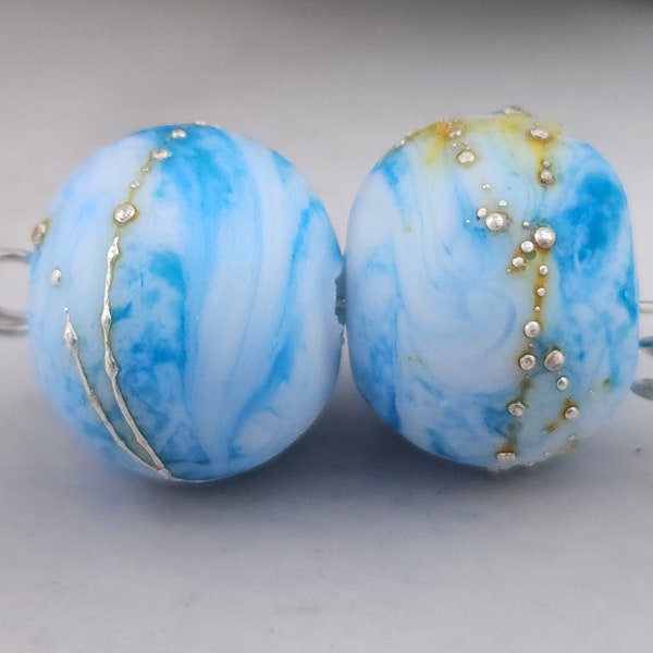 Caribbean Blue Etched Enameled Lampwork Bead pair