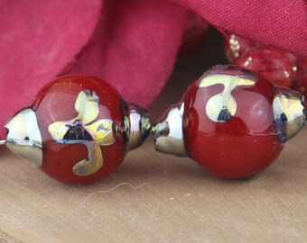 Golden Fleur Christmas Ornaments Lampwork Bead Pair