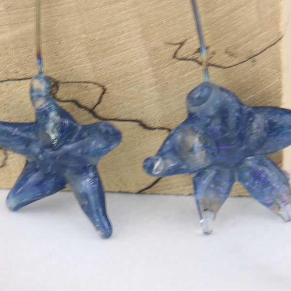 Boro blue dichro starfish on wire Lampwork Bead Pair