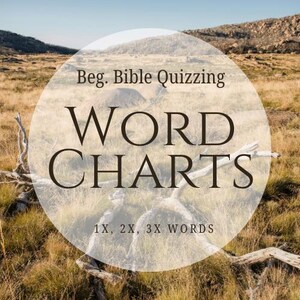 May include: A white circle with the text "Beg. Bible Quizzing WORD CHARTS 1X, 2X, 3X WORDS" on a background of brown grass and a blue sky.