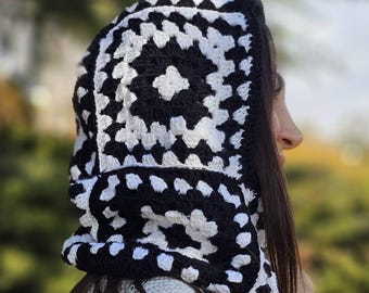 Hand-Knitted Granny Square Crochet Balaclava, Black and White Wool