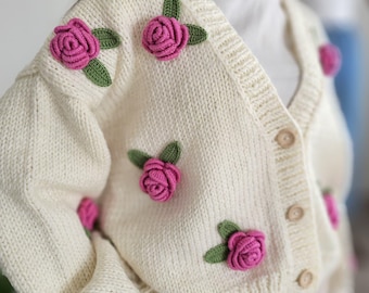 Hand-knitted Rose Cardigan, Women's Wool Blend Floral Knit Sweater