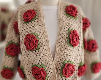 Summer Rose , Red Rose ,rose Embroidered Knit Cardigan , Woman
