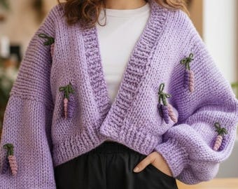 Hand Knitted Lavender Cardigan, Chunky Wool Blend Sweater
