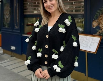 Handmade Black Knit Cardigan, Crochet Flower Appliqués, Cozy Jacket