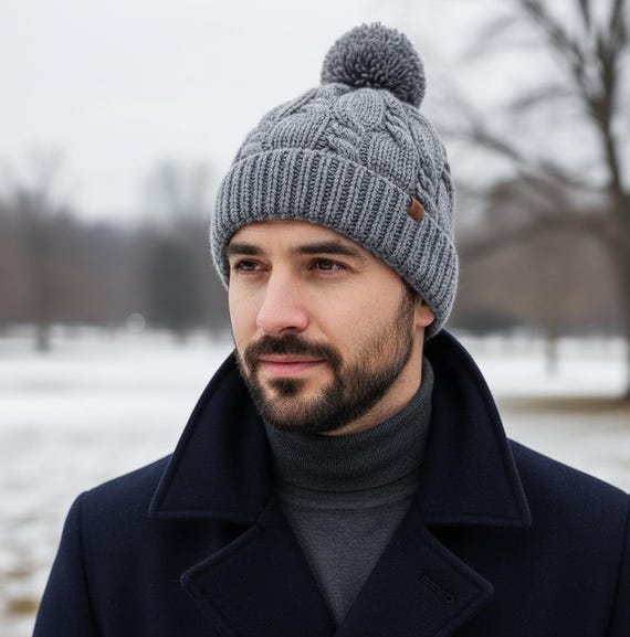 Handmade Wool Beanie Hat, Navy Blue Ribbed Knit Slouchy  display picture 2