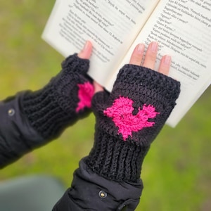 Handmade Black Heart Fingerless Gloves, Crochet Women’s Winter Accessories, Cute and Cozy Gift for Her, Unique Valentine’s Day Gift