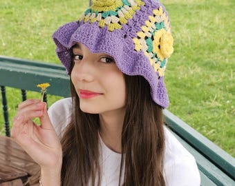 Crochet Bucket Hat Granny Square Pattern Purple Lavender  display picture 1
