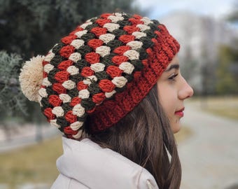 Crochet Granny Square Balaclava, Oversized Pom-Pom Hat
