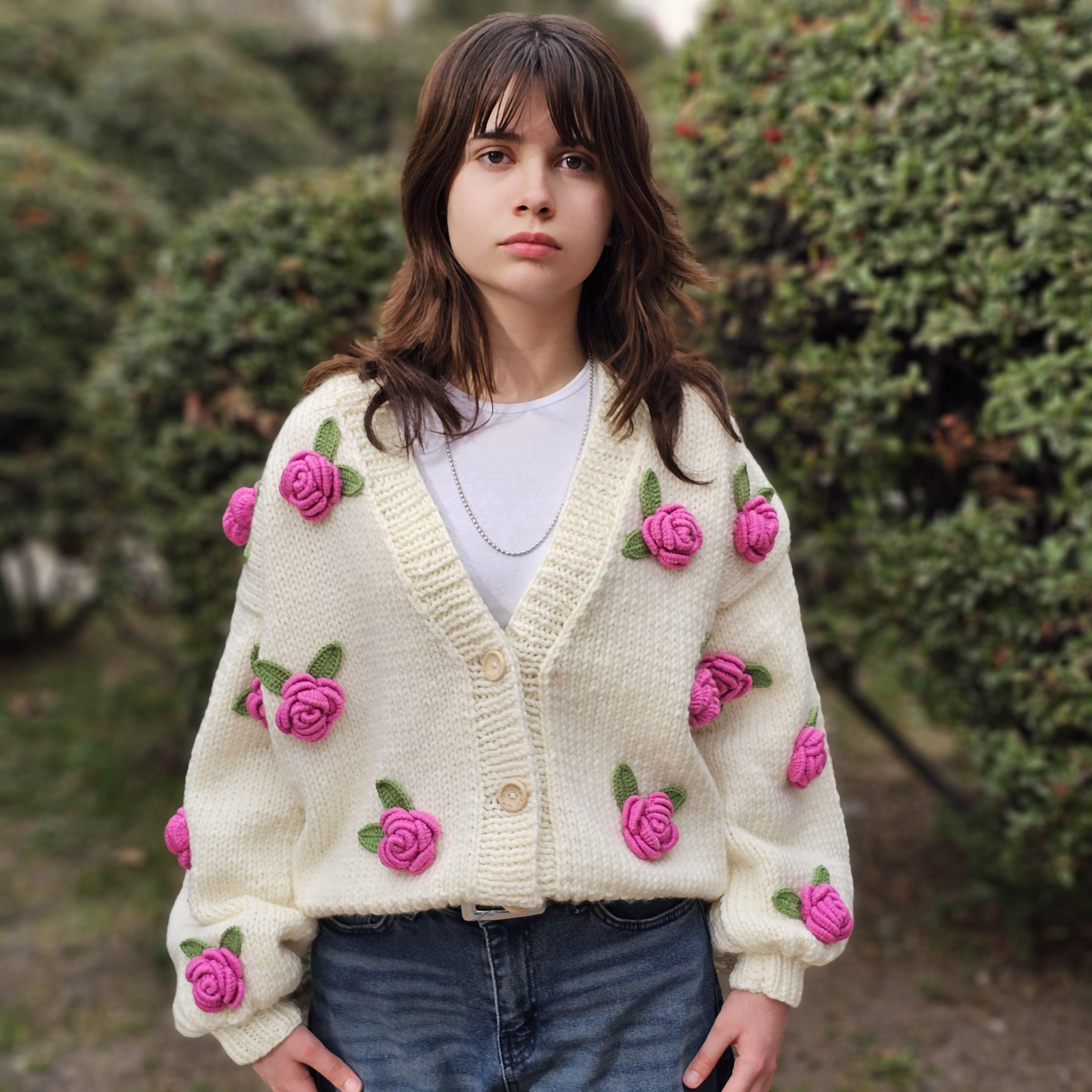 Hand-knitted Rose Cardigan, Women's Cozy Floral Knit Sweater