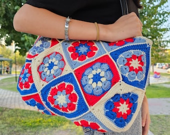 Handmade Crochet Granny Square Tote Bag, Boho Lined Shoulder Bag