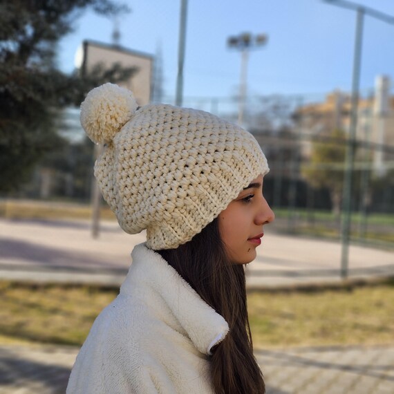 Hand-knitted Wool Blend Beanie, Crochet Details, Slouchy  display picture 1