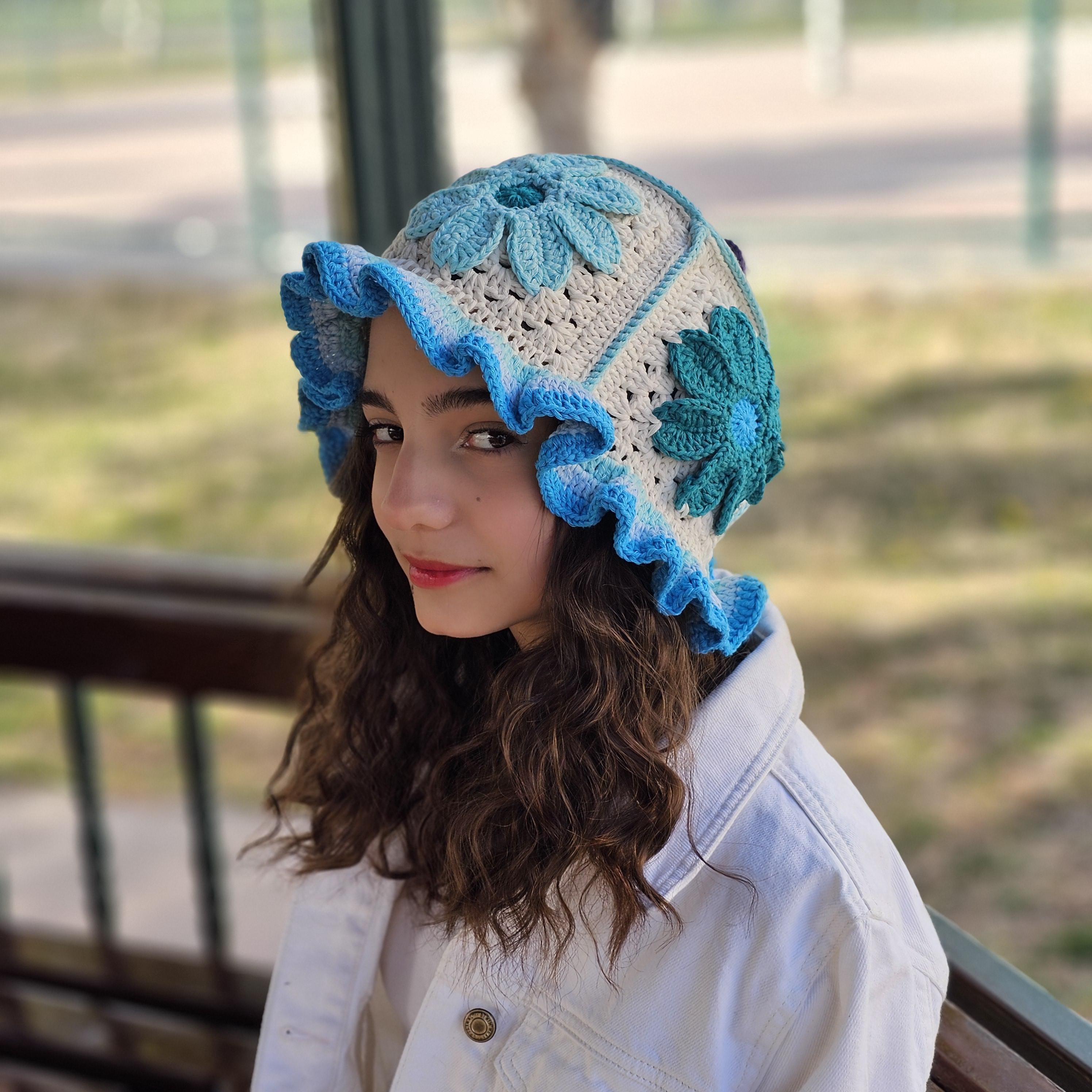 Boho Crochet Flower Bucket Hat Handcrafted Vibrant Multicolor Summer Sun Hat Multicolor Floral Crochet Straw Sun Hat Foldable Packable  main image 2