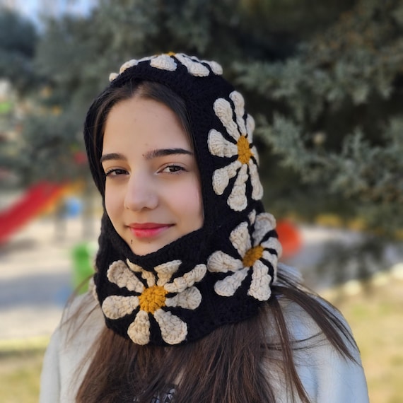 Black Crochet 3D Flower Balaclava, Knit Granny Square Hood  display picture 3