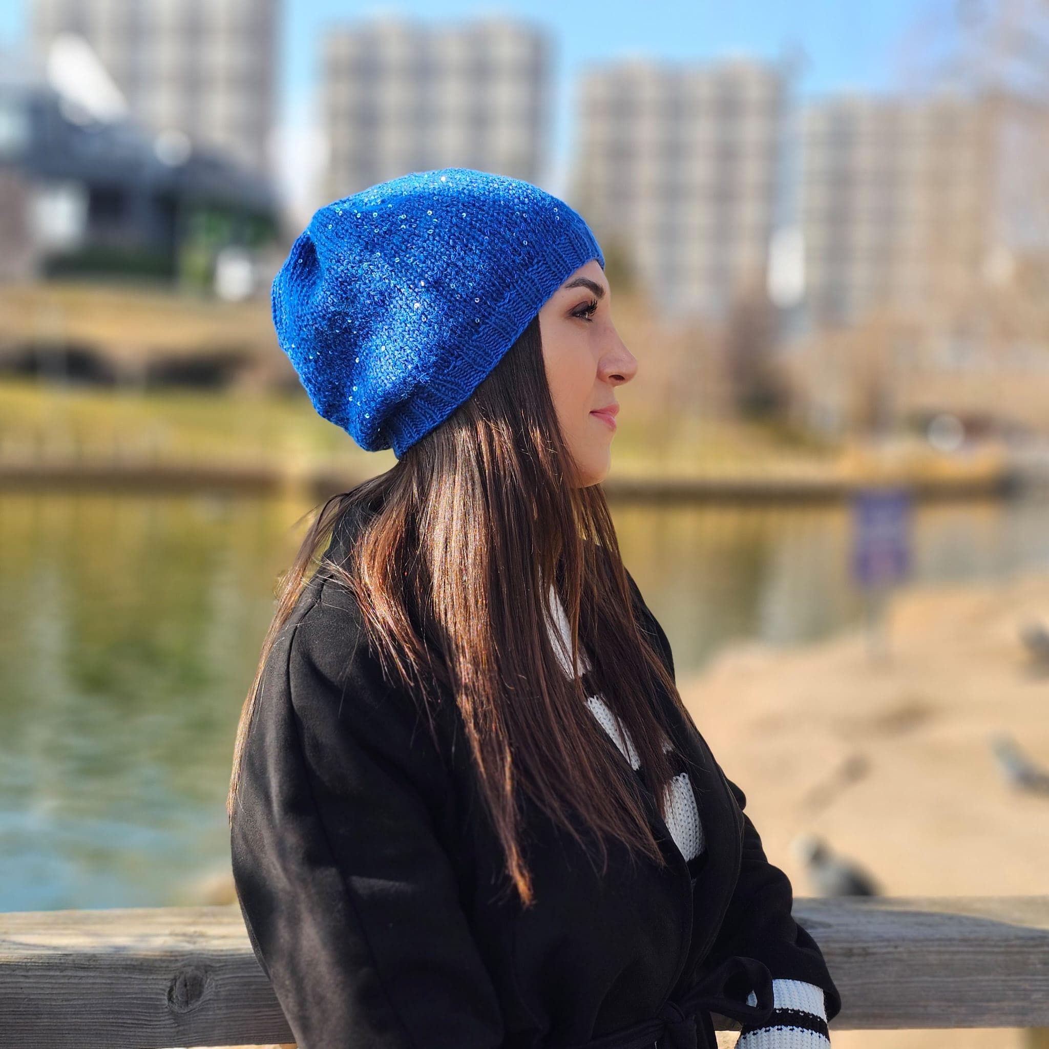 Hand-knitted Blue Sequin Beanie – Women