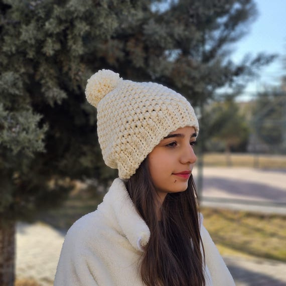Hand-knitted Wool Blend Beanie, Crochet Details, Slouchy 