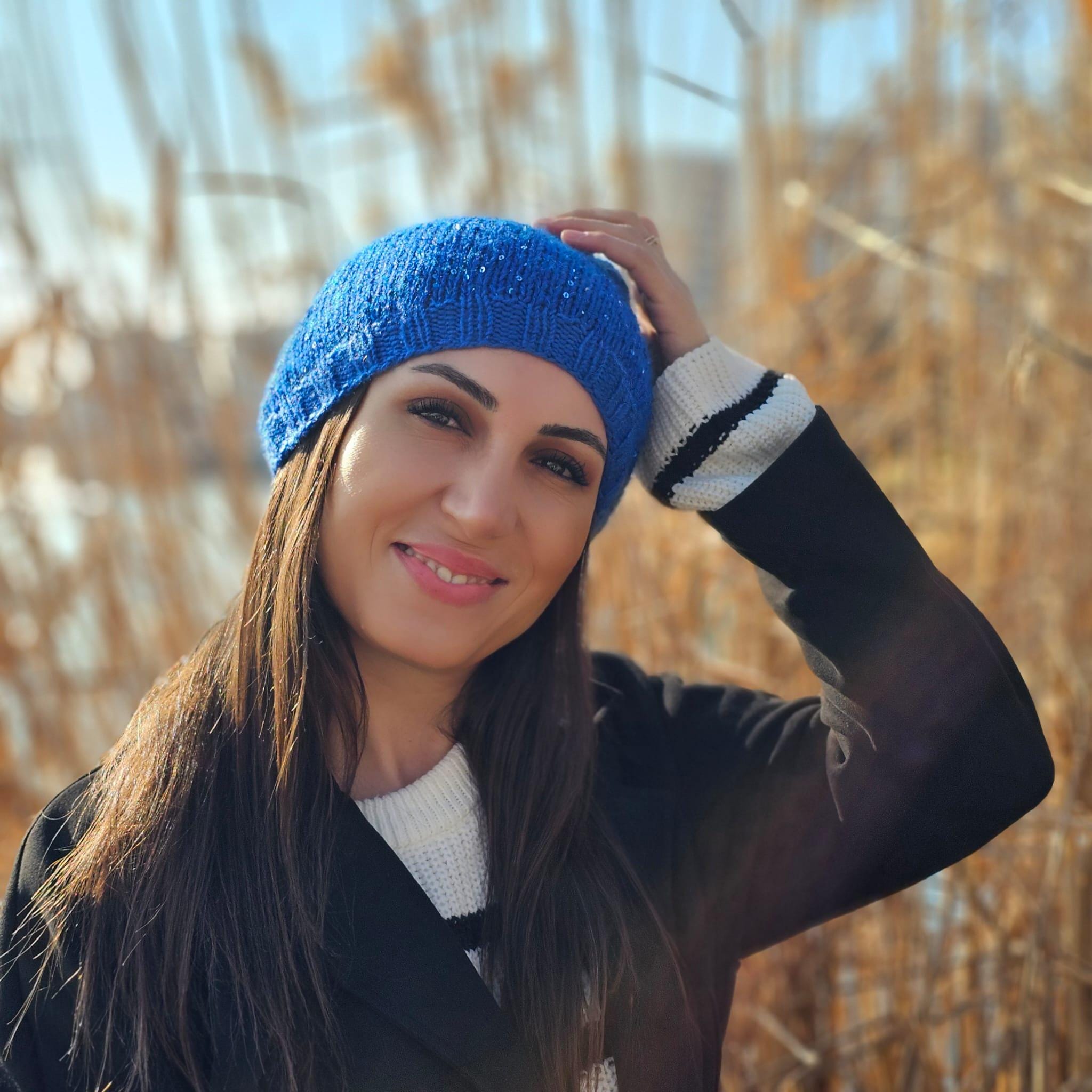 Sparkly Black Blue Knit Beanie with Multicolor Speckles Hat Women’s Winter Hand-knitted Blue Sequin Beanie – Women main image 2