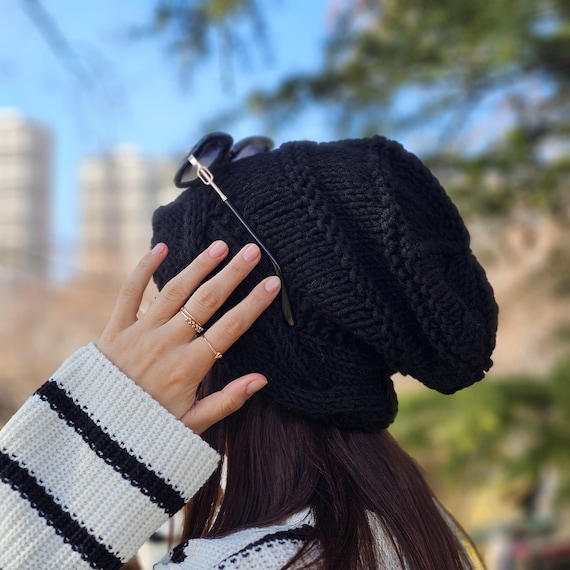 Slouchy Beanie Womens Black Beanie With Pom Hand-knitted Cable