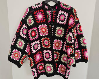 Handmade Cotton Granny Square Crochet Cardigan - Oversized Boho Sweater