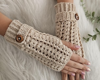 Handmade Crochet Fingerless Gloves, Beige Winter Accessories