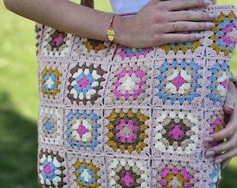 Handmade Crochet Granny Square Tote Bag – Pastel Boho Purse