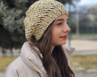 Hand-Knitted Wool Beanie, Crochet Details, Women's Winter Hat