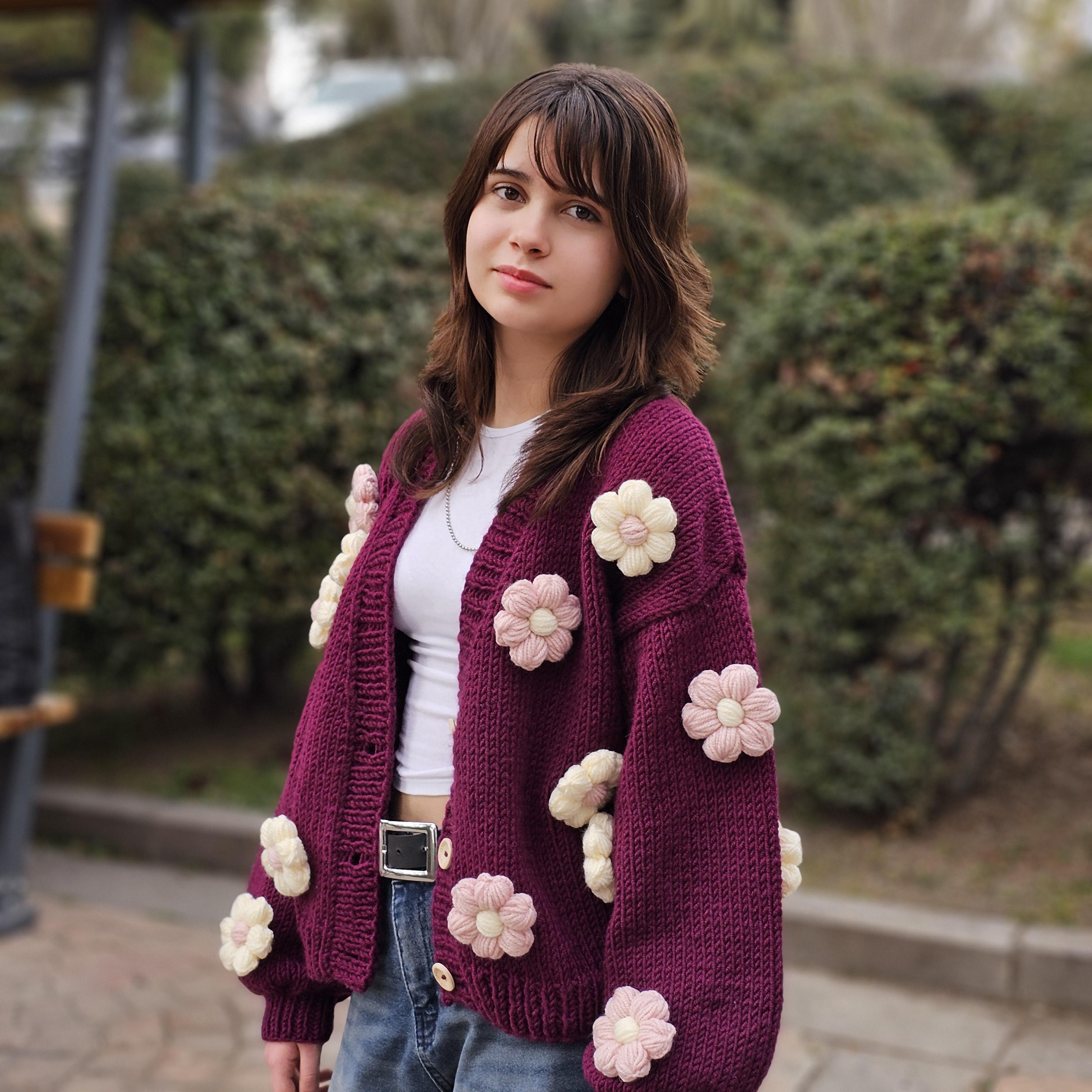 Hand-knitted 3D Floral Cardigan, Chunky Wool Knit Sweater - Etsy