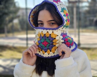 Crochet Granny Square Balaclava, Colorful Winter Hat