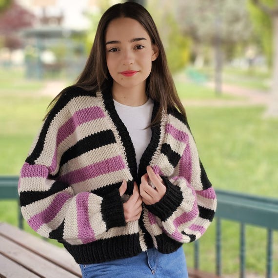 Hanmade Oversized Striped Cardigan,cozy Cropped Knit Sweater
