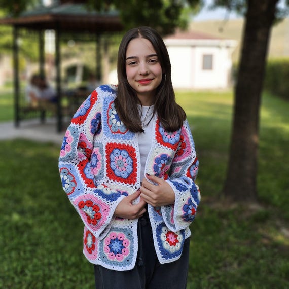 Handmade Colorful Granny Square Crochet Cardigan Boho Retro