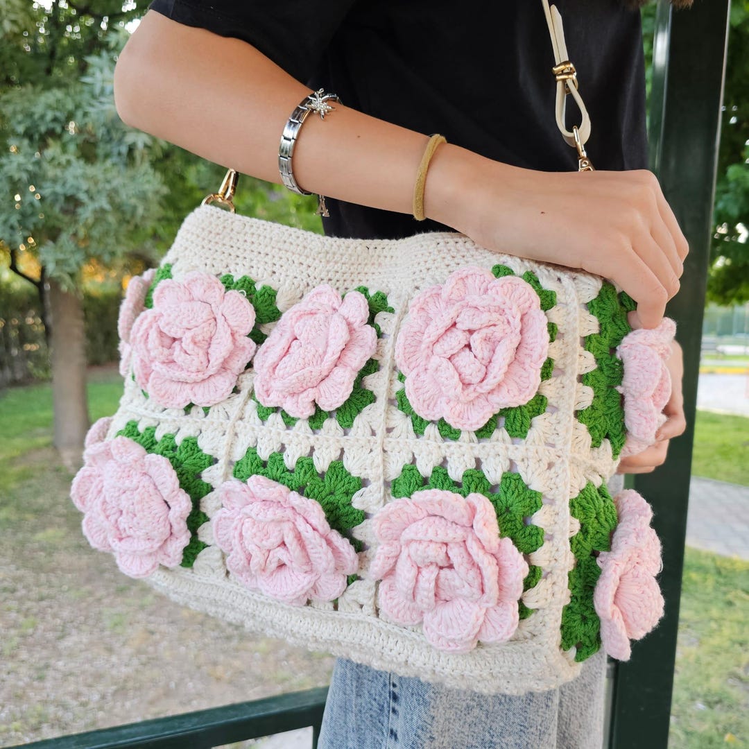 Handmade Crochet Rose Tote Bag, 3D Floral Granny Square Purse - Etsy