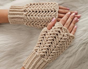 Handmade Crochet Fingerless Gloves, Beige Winter Accessories