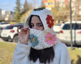 Crochet Flower Balaclava, Granny Square Knit Hood, Handmade Winter Hat