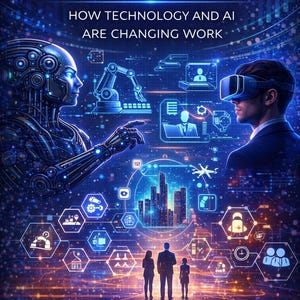 Könnte beinhalten: Buchcover mit dem Titel "THE JOBS OF THE FUTURE" und dem Untertitel "HOW TECHNOLOGY AND AI ARE CHANGING WORK". Das Bild zeigt ein futuristisches Design mit einem Roboter, einer Person mit VR-Brille und einer Familiensilhouette.